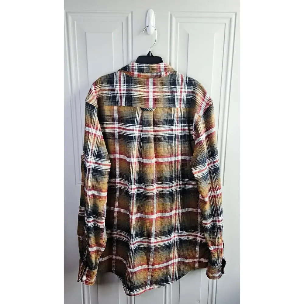 Orvis Flannel Sweater Button UP Brown Red Plaid Print Size Medium Button Pockets